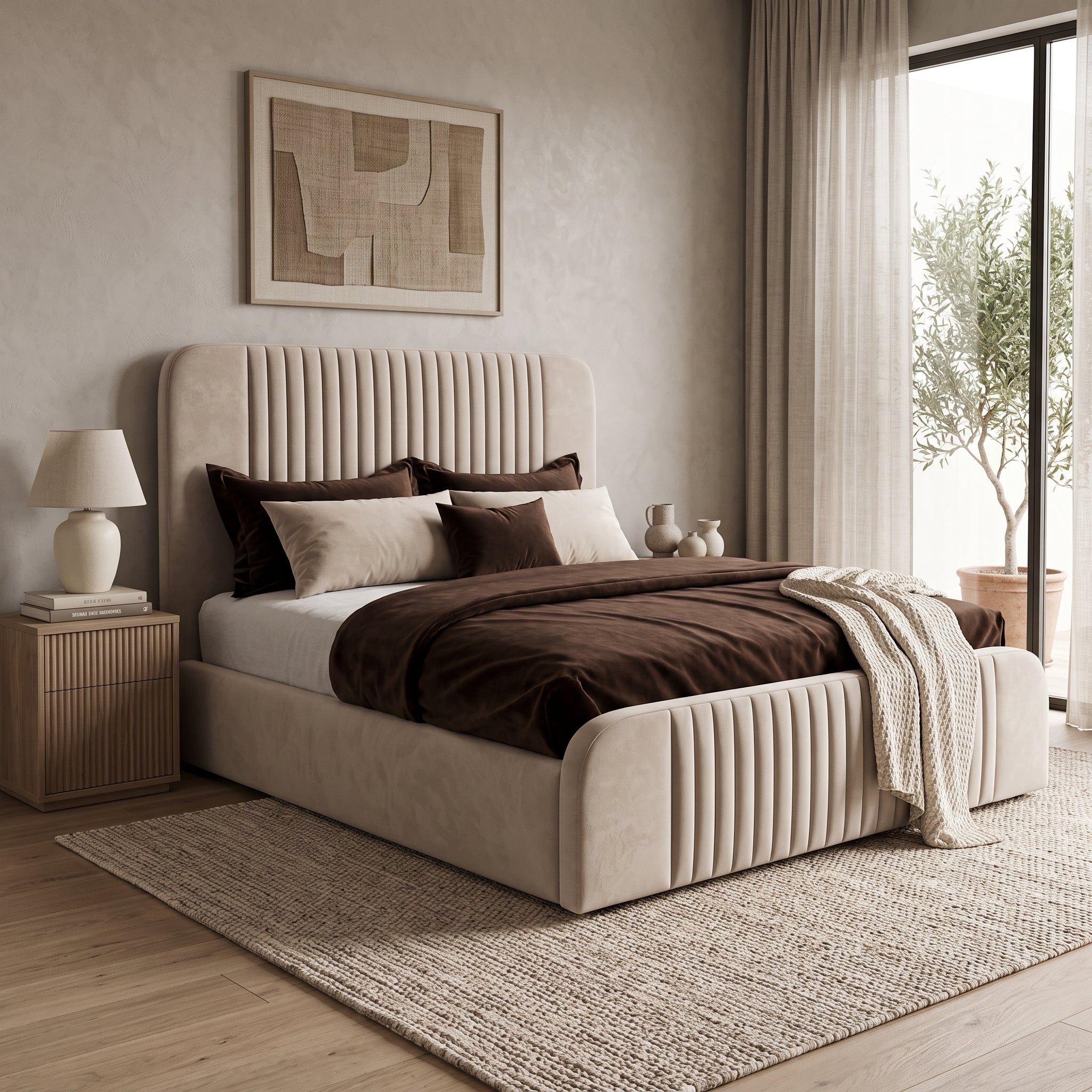 Beige Channel Tufted Curve Bed