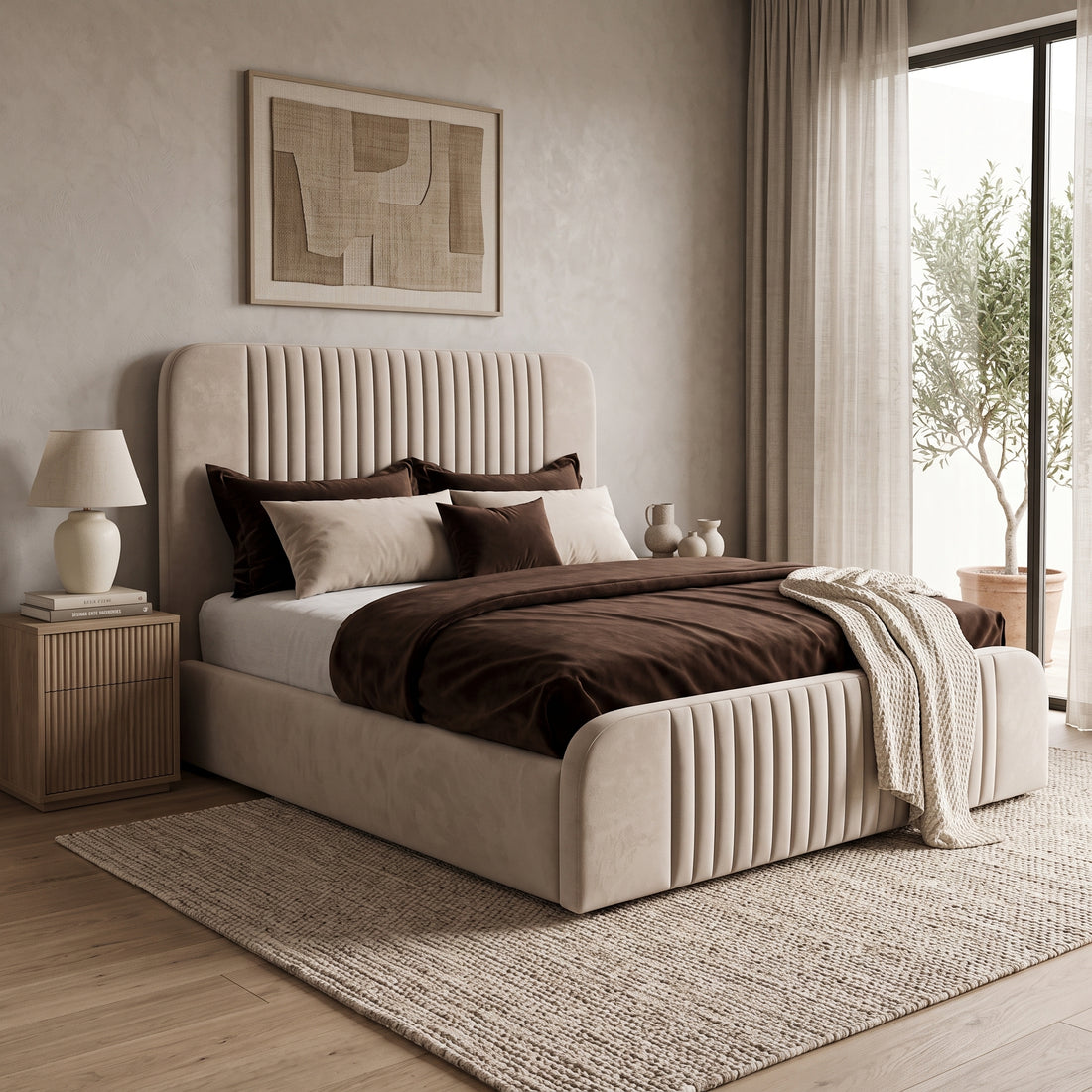 Beige Channel Tufted Curve Bed