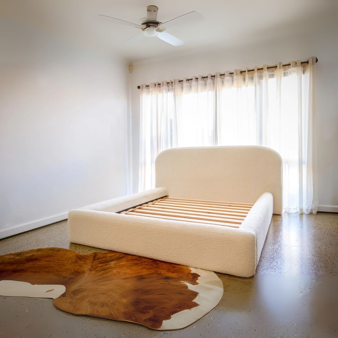 Double Bed and Frame - Luxury Teddy Fleece Bed Frame In White Color With Wooden Slats