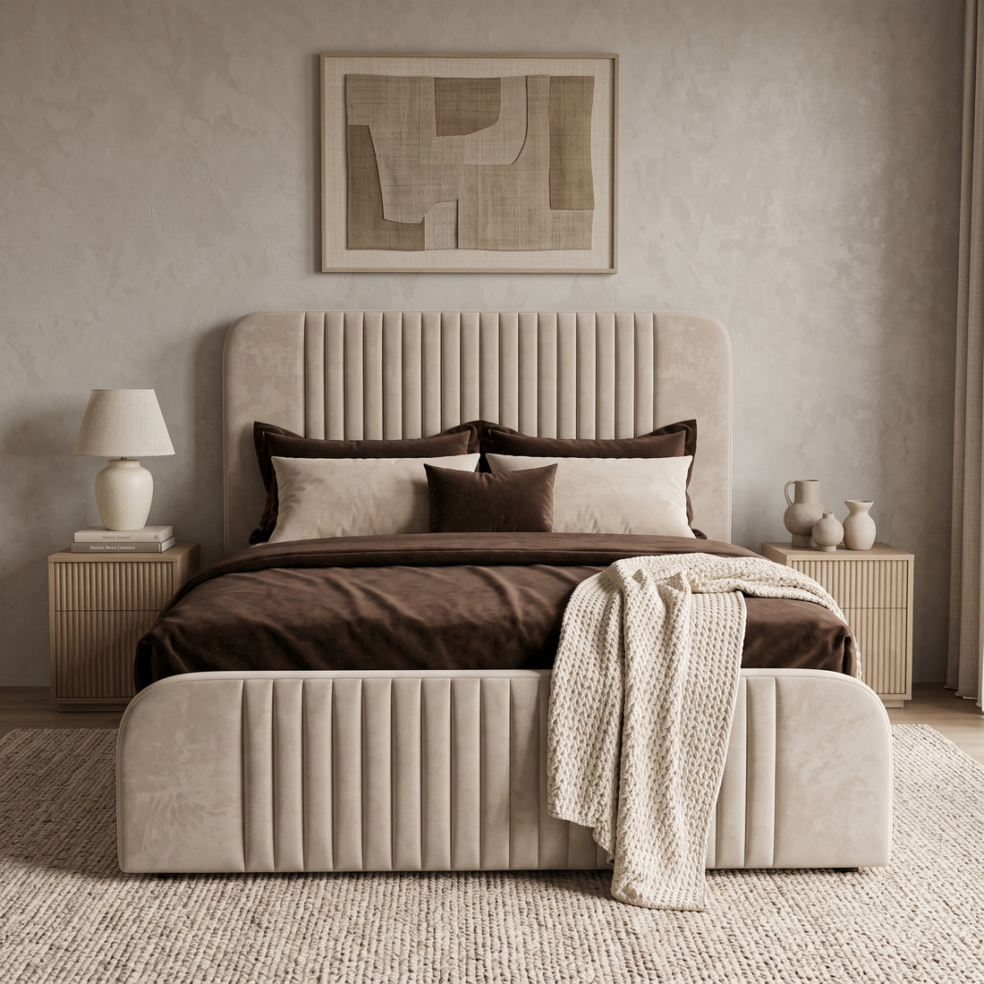 Beige Channel Tufted Curve Bed