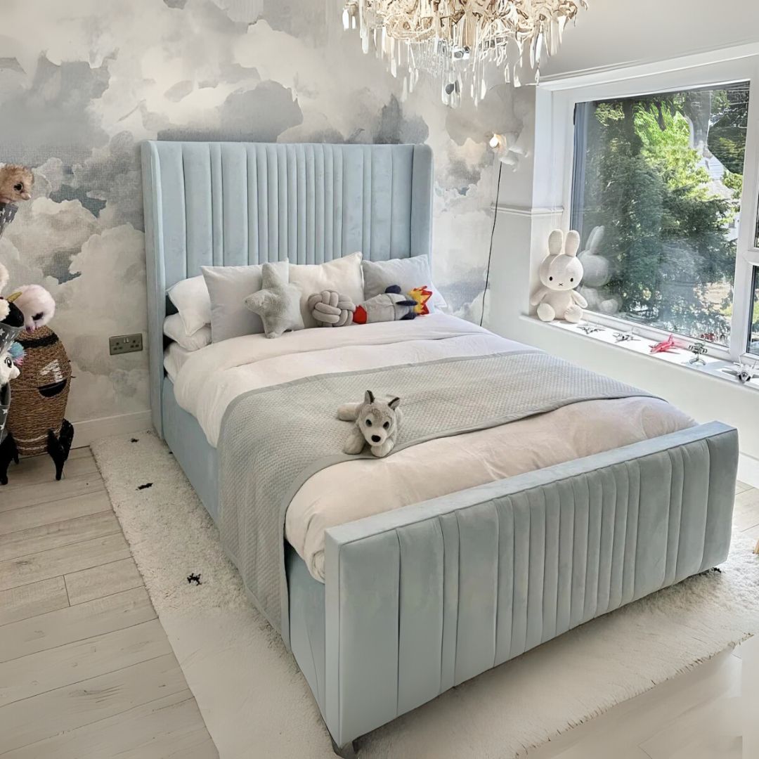 Full Size Bed Frame - Wingback Linear Bed Frame With Storage With Mattress