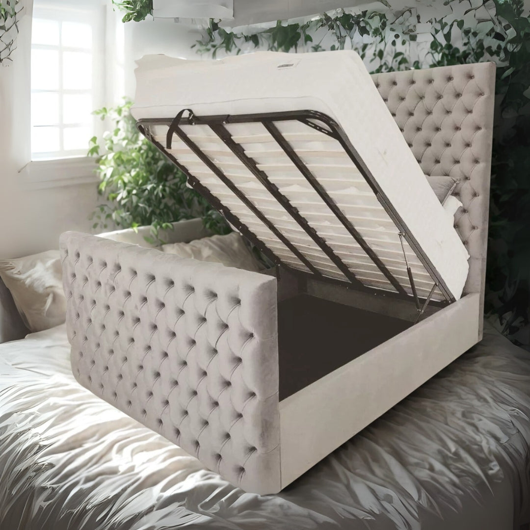 King Bed Frame -  Chesterfield Bed Frame With Orthopedic Mattress and Ottomat Storage