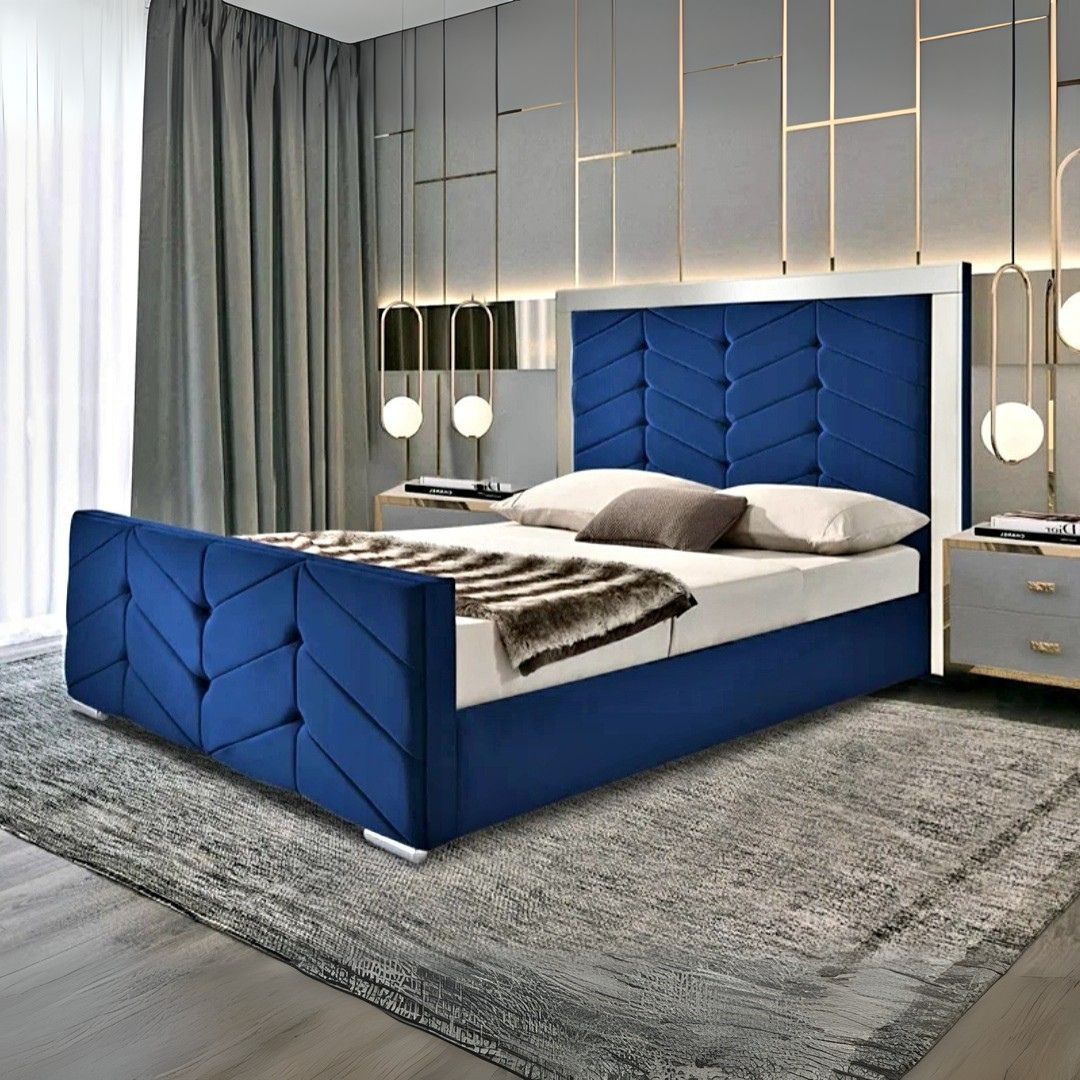 King Bed Frame - Designer Bed With Mirrored Headboard and Mattress