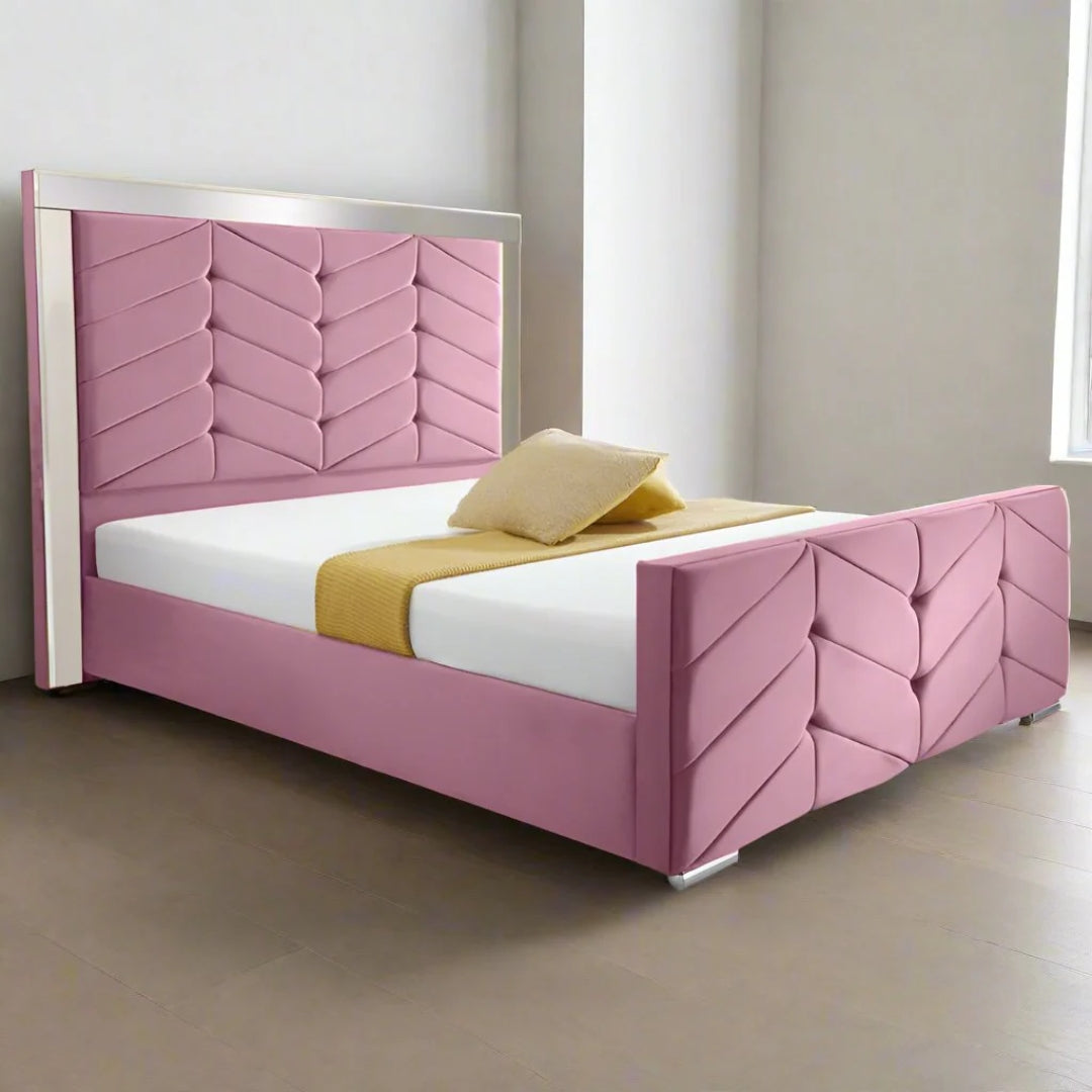 King Bed Frame - Designer Bed With Mirrored Headboard and Orthopedic Mattress