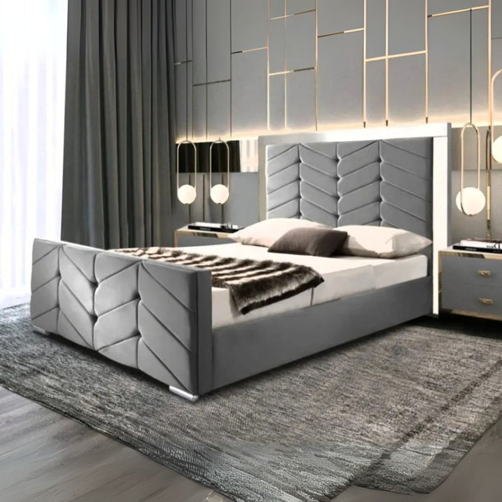 King Bed Frame - Designer Bed With Mirrored Headboard  and Storage