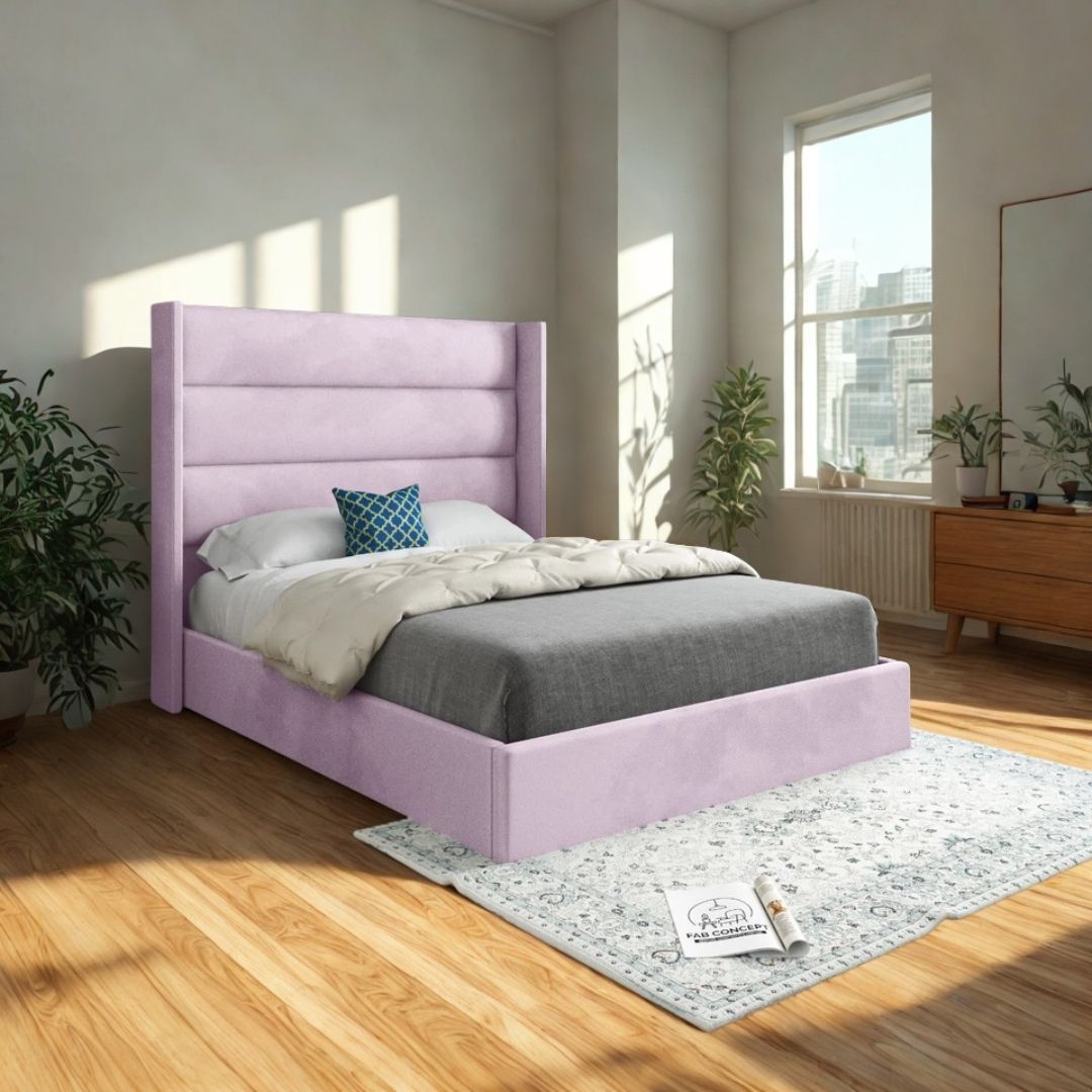 Small Double Bed Frame - Wingback Horizontal Linear Bed Frame With Mattress and Gaslift Storage