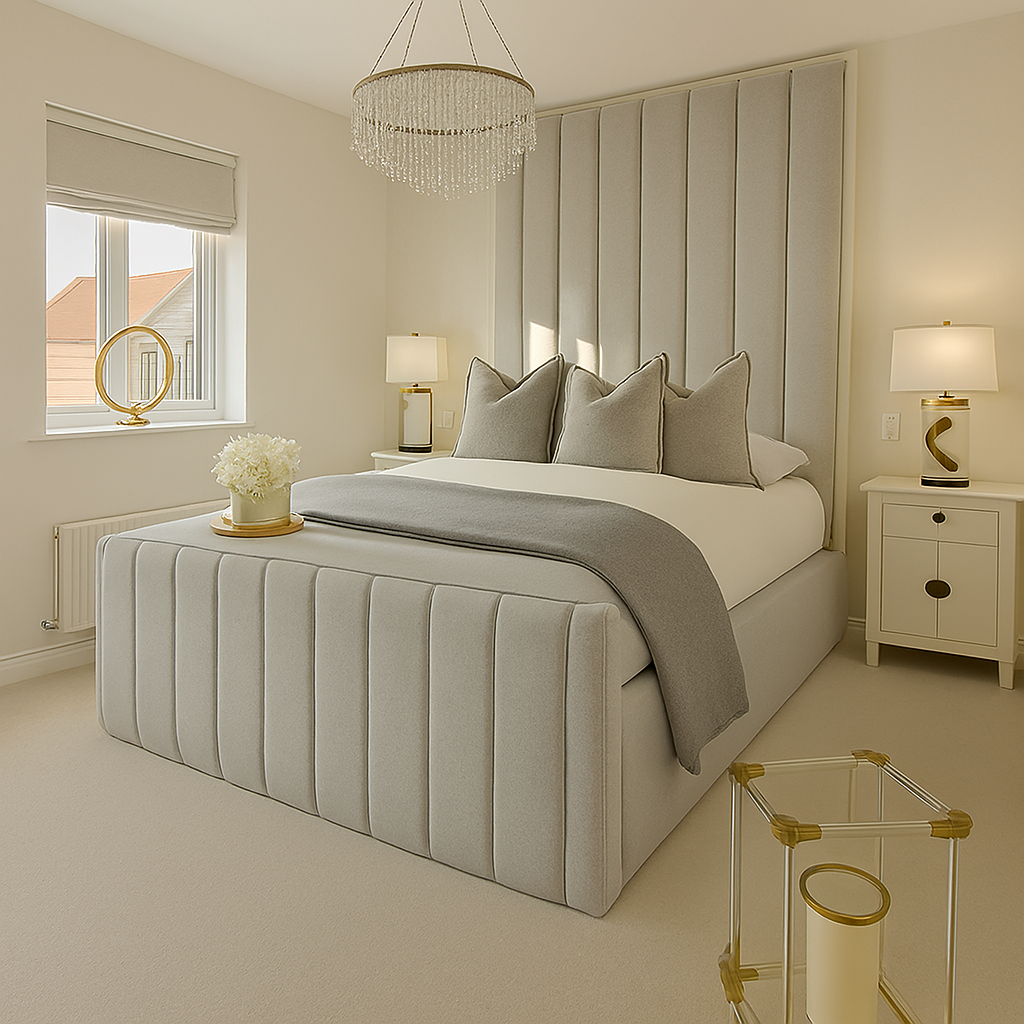 Upholstered Bed Frame - Tall Panel Bed Frame With Gaslift Storage and Mattress